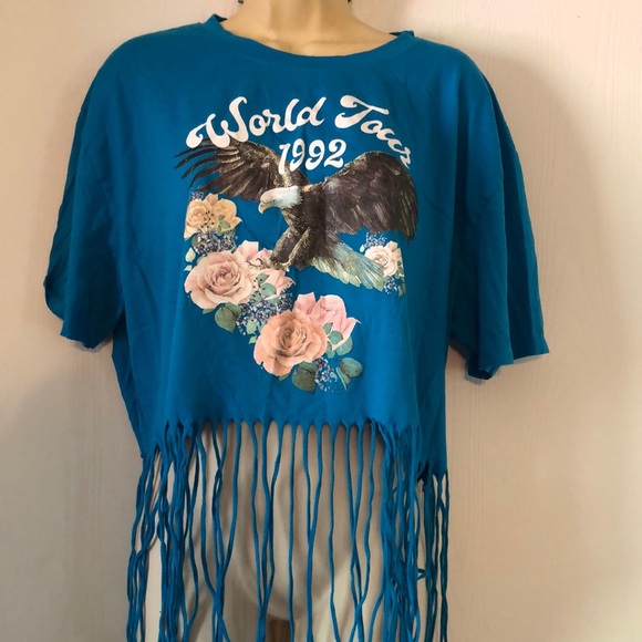 Teal Y2k world tour inspired culture Graphic Fringe Top - Picture 1 of 12
